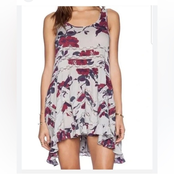 Intimately Free People Gray Red Floral Voile and Lace Trapeze Slip Dress XS - Picture 1 of 7